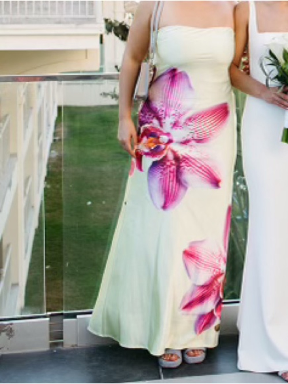 Yellow and pink floral strapless wedding guest dresses